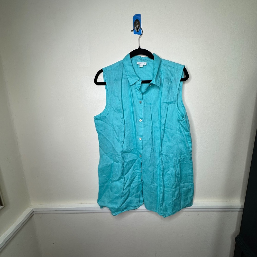 J. Jill Tunic Women L Aqua Blue Love Linen Sleeveless Button-Front Blouse - Picture 2 of 9